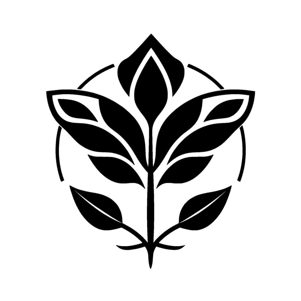 Black and White Geometric Floral Emblem with PetalShaped Leaves within a Circle, Minimalist on White Background. vector