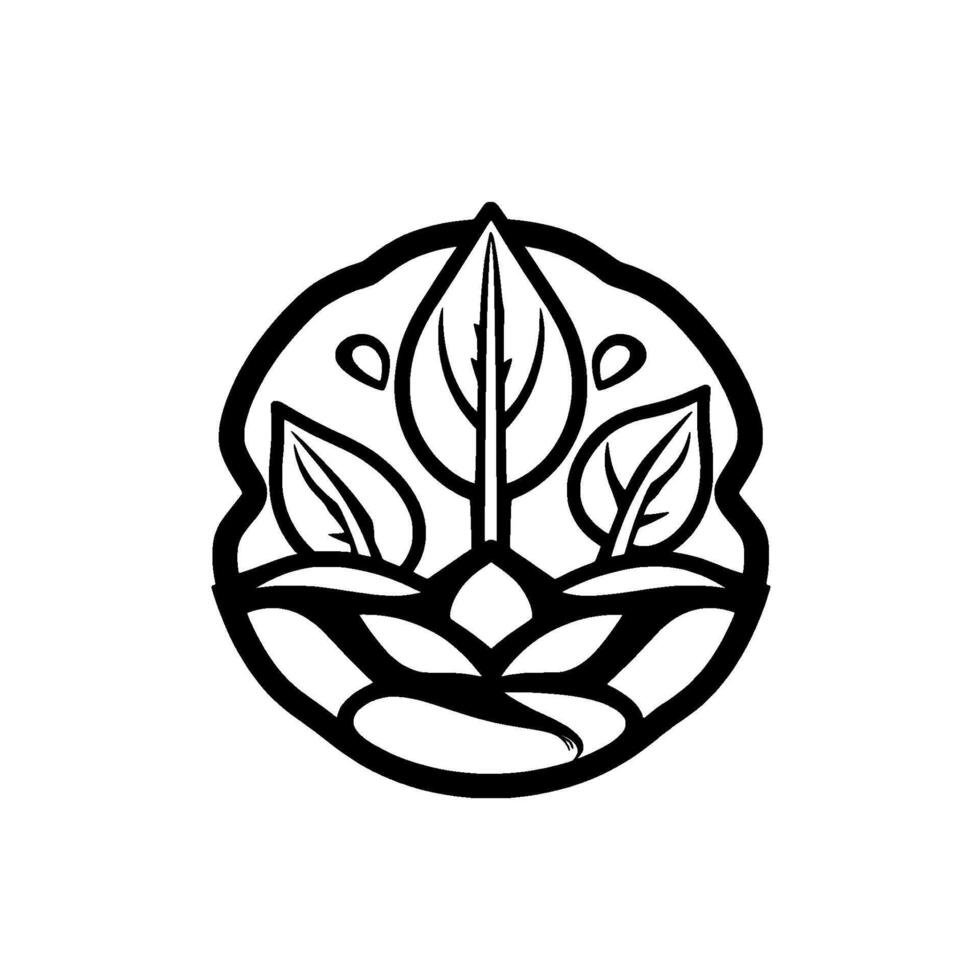 Symbolic Black and White Floral Mandala with Leaves and Stems, Enclosed in Rounded, Organic Shape. vector