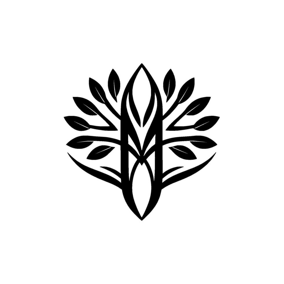 Symmetric Black and White Floral with Intertwined Lines and Leafy Branches, Abstract Nature on White vector