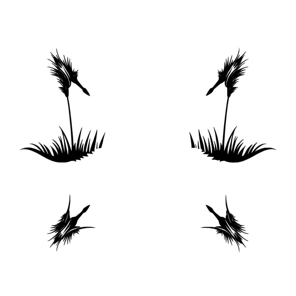 Symmetrical minimalist black ink illustration of four stylized grasslike elements with feathery tops on a white background. vector
