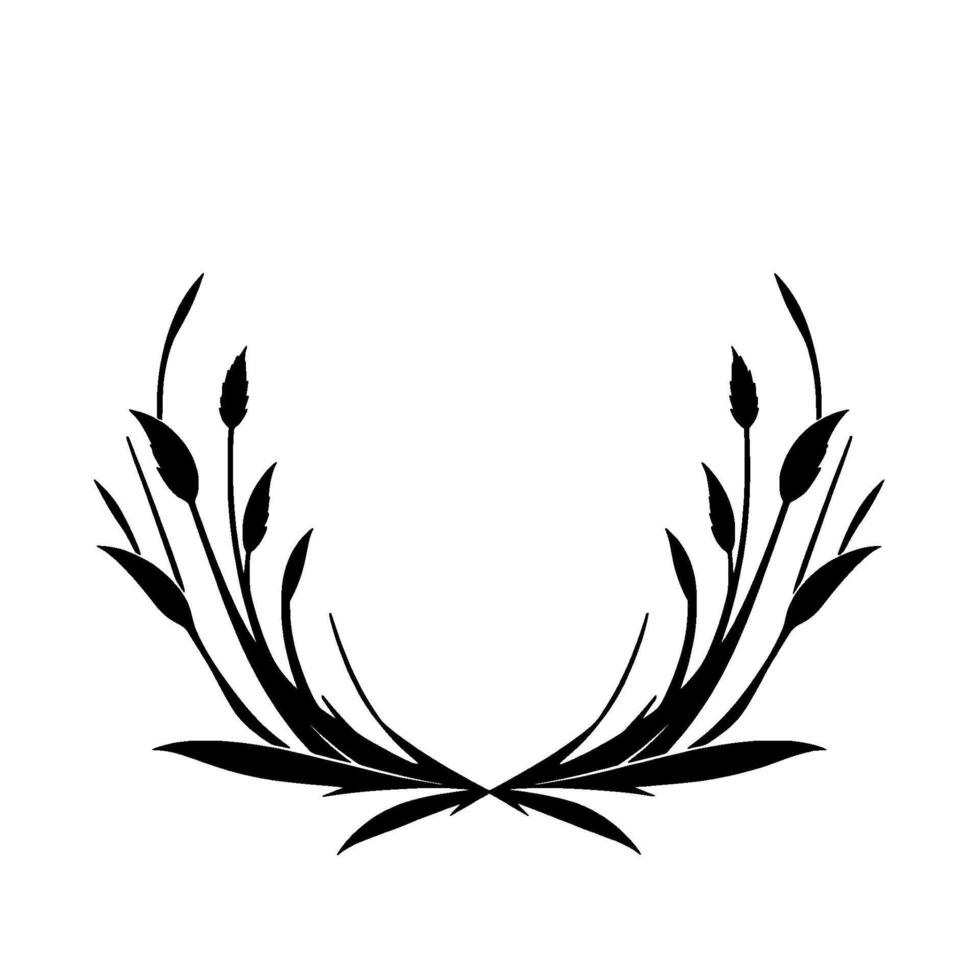 Symmetrical Black Silhouette of WreathLike Floral Arrangement Against White Background, Featuring Blades of Grass and Leafy Sprigs. vector