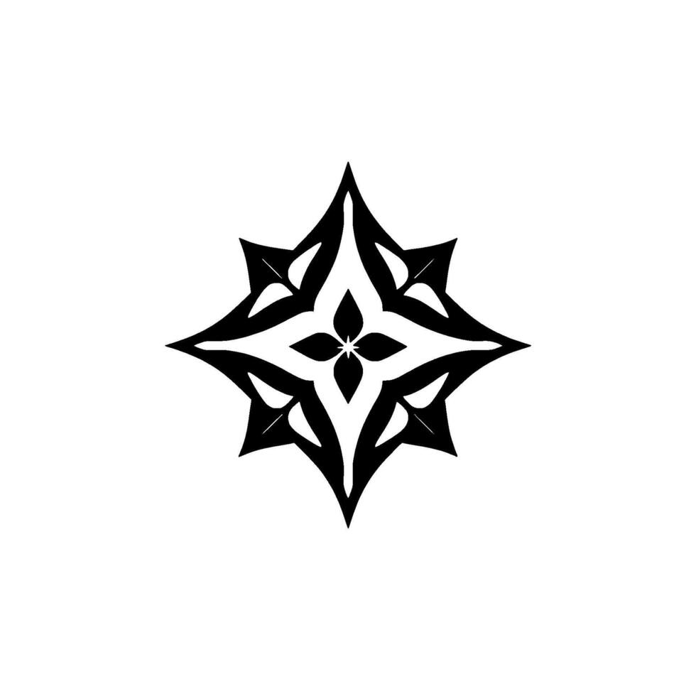 Symmetrical Black and White Floral Starburst Ornament on White Background, Intricate Leafy . vector