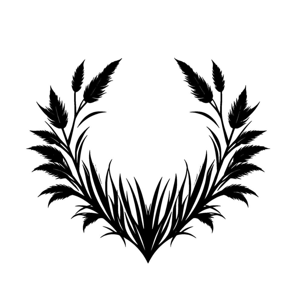 Black and White Illustration of a Symmetrical Feather and Blade Arrangement, Forming a Decorative Wreath or Emblem, on a Pure White Backdrop. vector