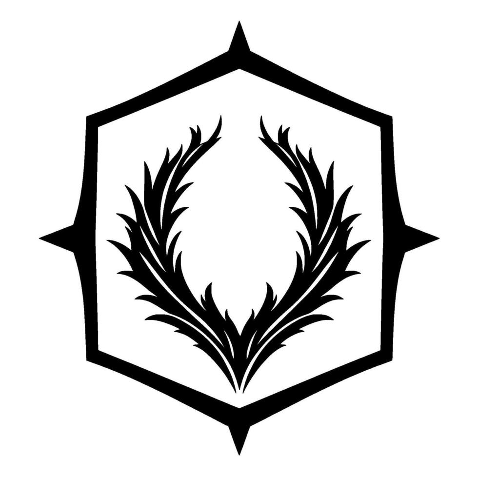 Black and White Laurel Wreath inside Geometric Compasslike Shape with Starburst Elements on White Background. vector