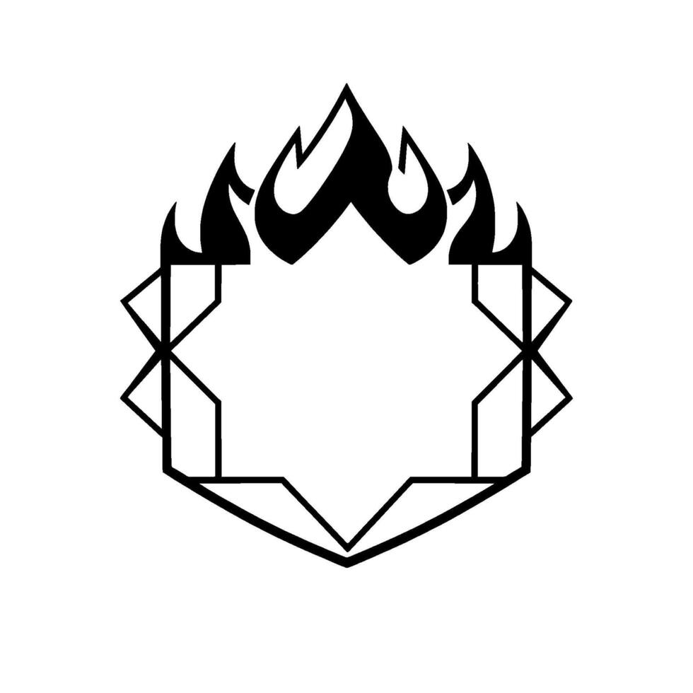 Monochrome geometric featuring stylized flames above a complex octagonal frame. vector