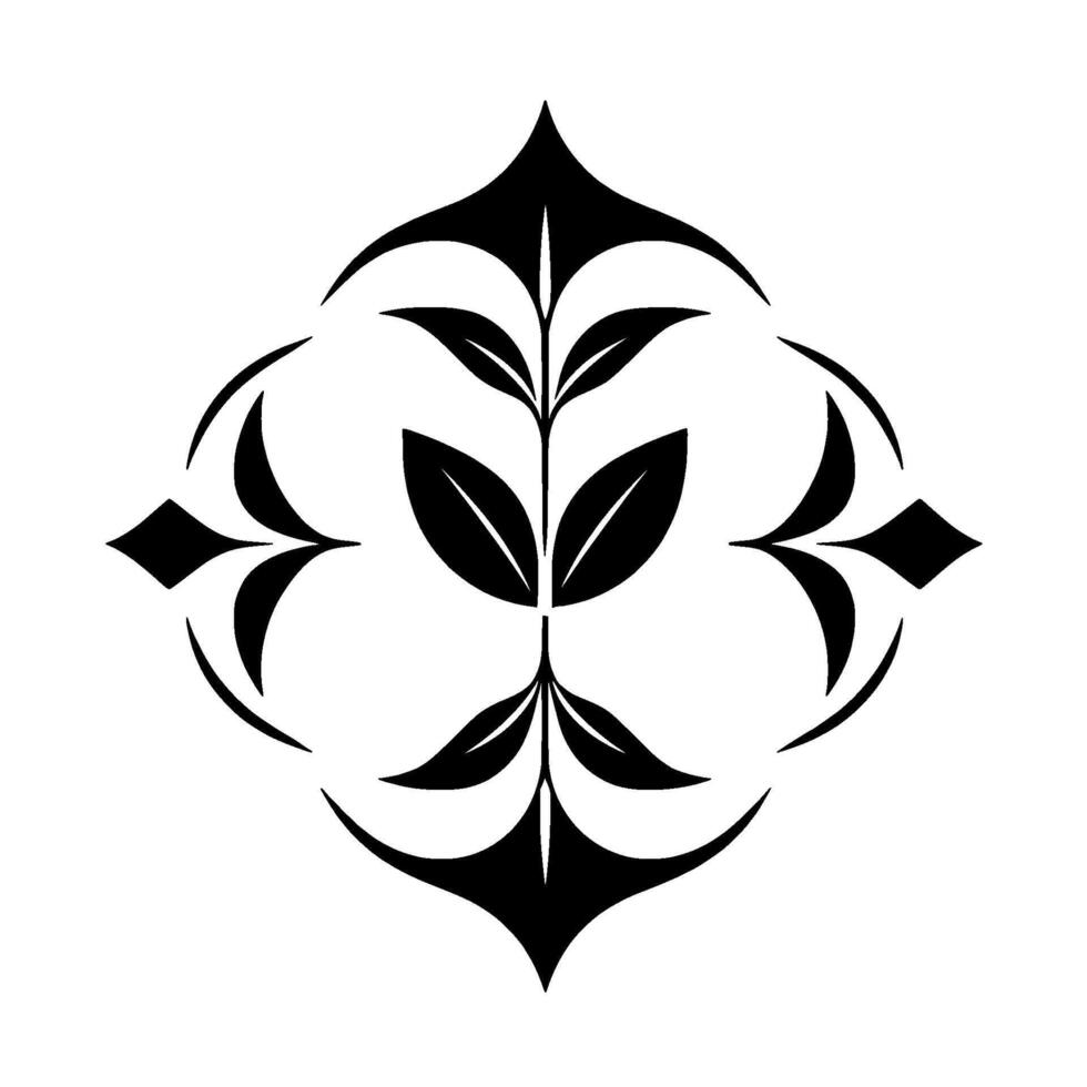 Symmetrical botanical featuring a central plant with stylized leaves, enclosed by arched and diamondshaped decorative elements, rendered in black and white. vector