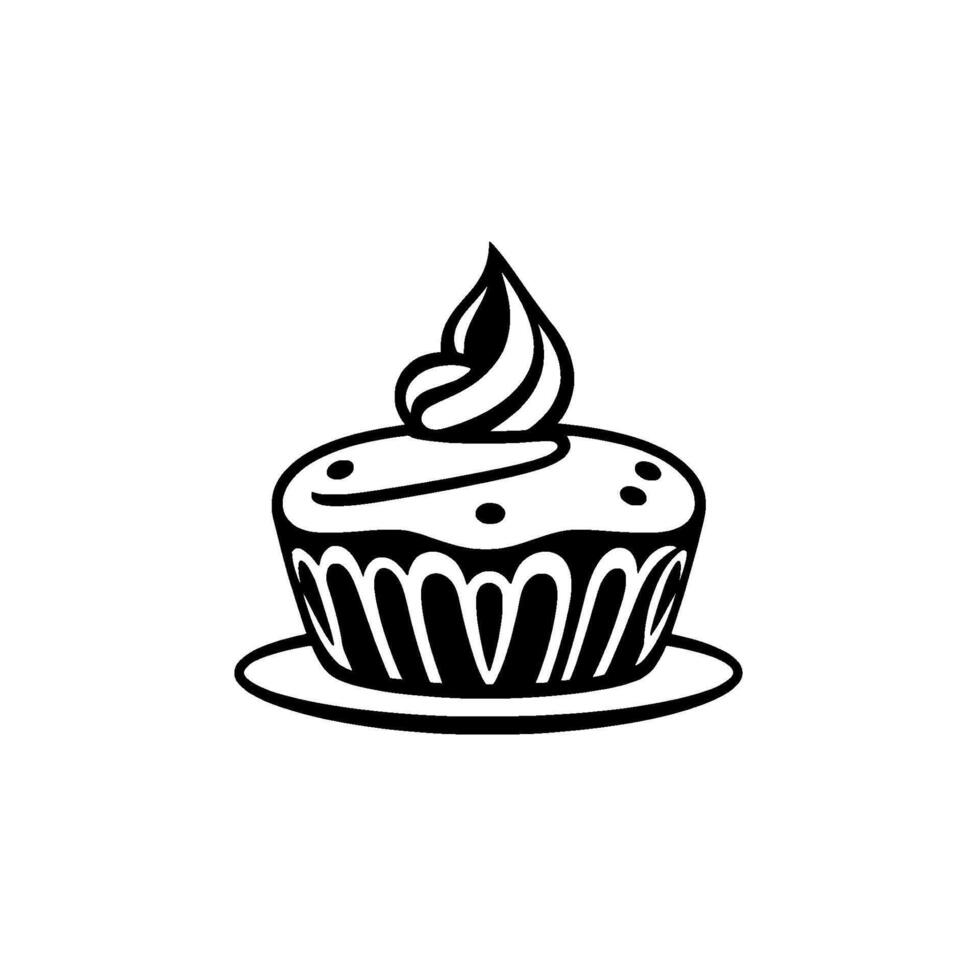 Simple Black and White Cupcake Illustration A Sweet Treat with Swirls, Dots, and Unique Decorative Bottom. vector