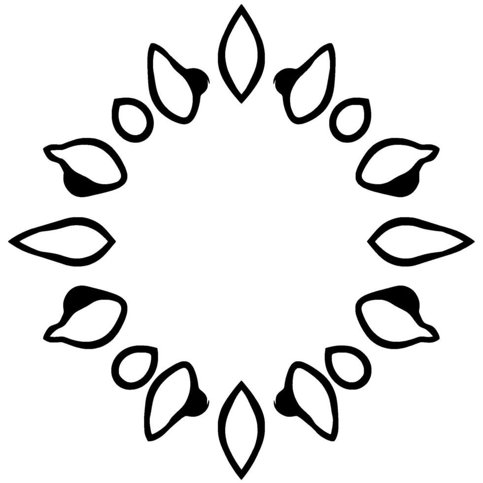 Symmetrical Black and White Floral with a diamond shape in center comprised of leaves and circle accents. vector