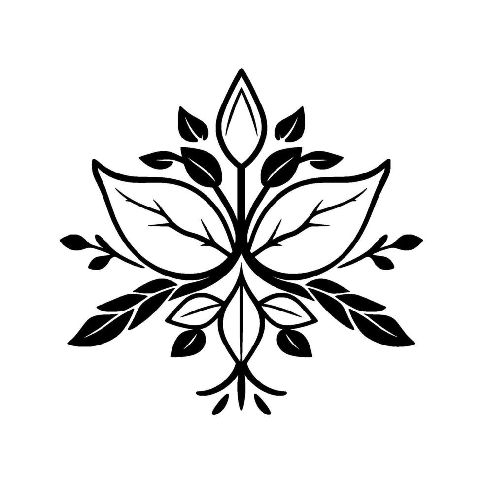 Symmetrical Black and White Floral Illustration of Intertwined Leaves, Branches, and Budlike Elements. vector