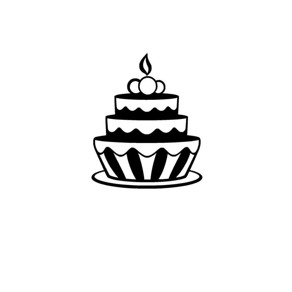 Elegant Black White ThreeTiered Cake Silhouette, Topped with Candle and Decorative Spheres, on a White Background. vector