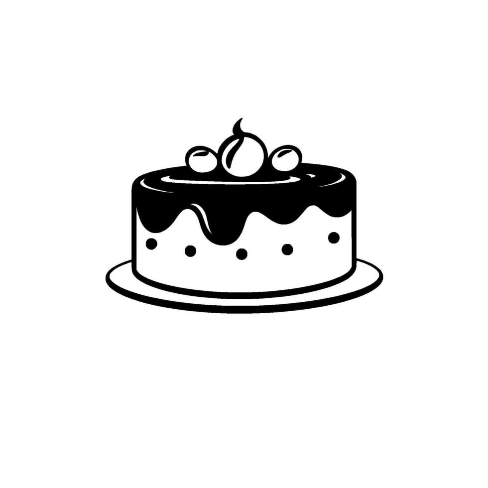 Minimalist Black and White Illustration of a Layered Cake with Chocolate Drizzle and Fruit Decoration on a Plate. vector
