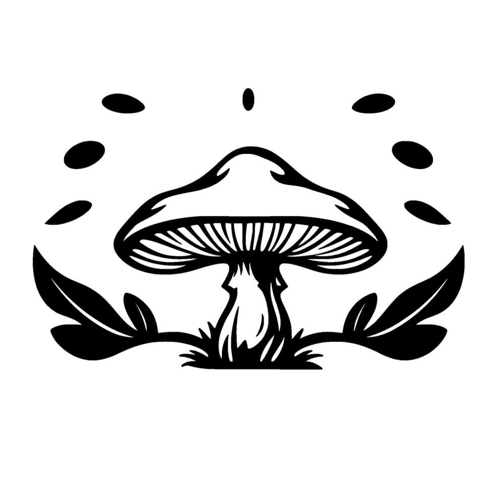Stylized Monochrome Mushroom Illustration with Leaves and Floating Elements on White Backdrop. vector