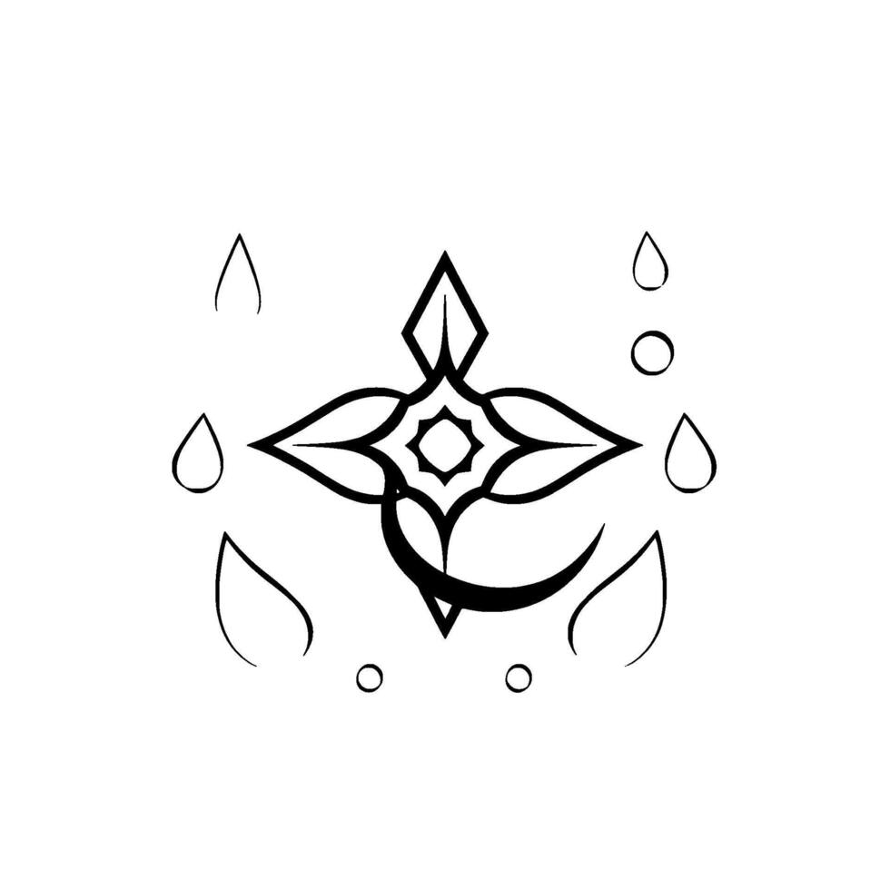 Minimalist Black and White Illustration Featuring a Geometric Floral Emblem, Crescent Moon, Teardrops, and Leaf Shapes on White Background vector