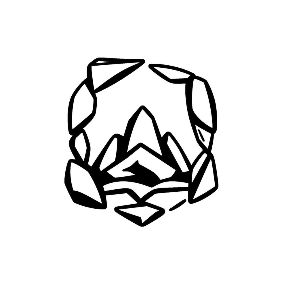 Abstract black and white illustration of a stylized mountainous landscape encircled by jagged rock formations, creating a frame. vector