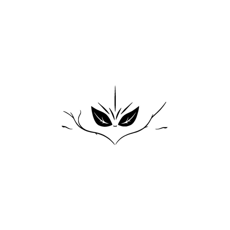 Minimalist black leaf and branch , resembling a stylized face or mask, set against a clean white background, creating a sense of nature. vector