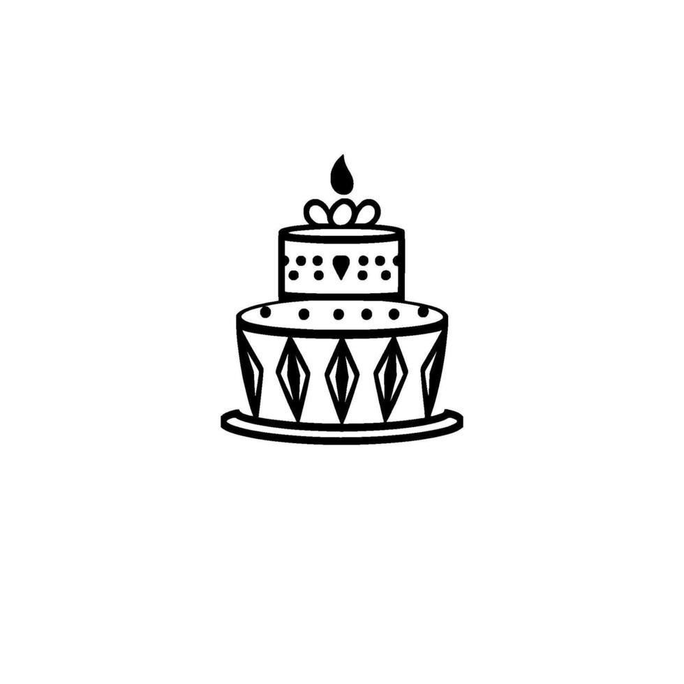Minimalist black and white illustration of a tiered birthday cake, adorned with dots, diamonds, and a candle flame. vector