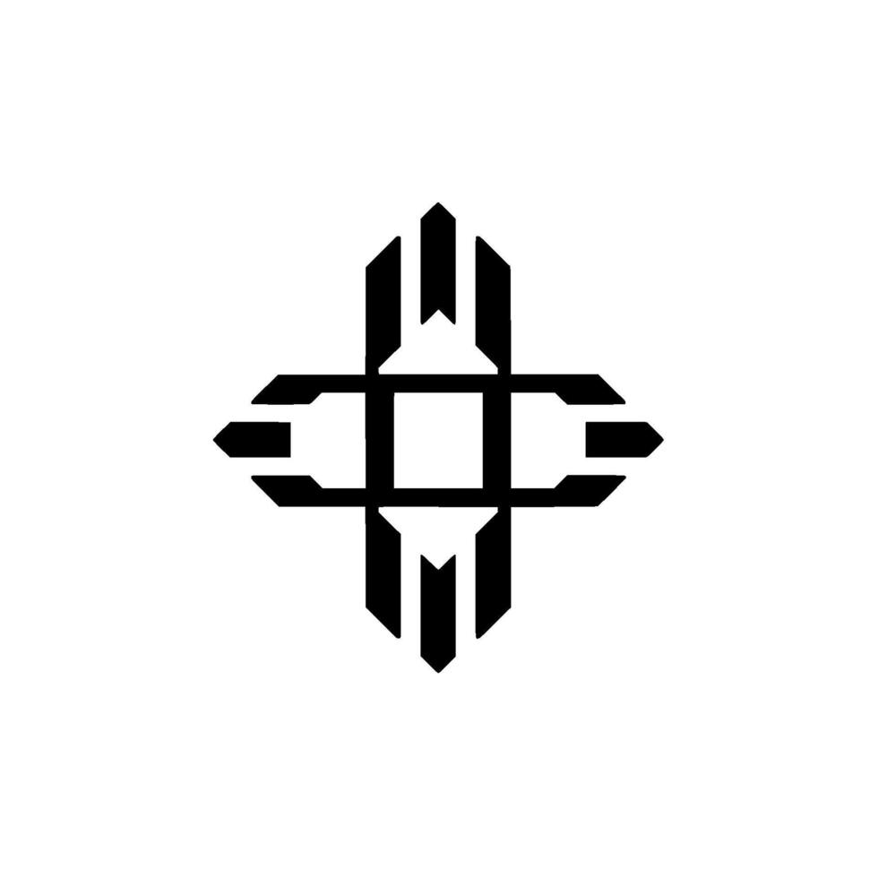 Geometric Black and White A symmetrical emblem featuring a crossshaped with sharp angles and linear components, suggesting strength and modernity. vector
