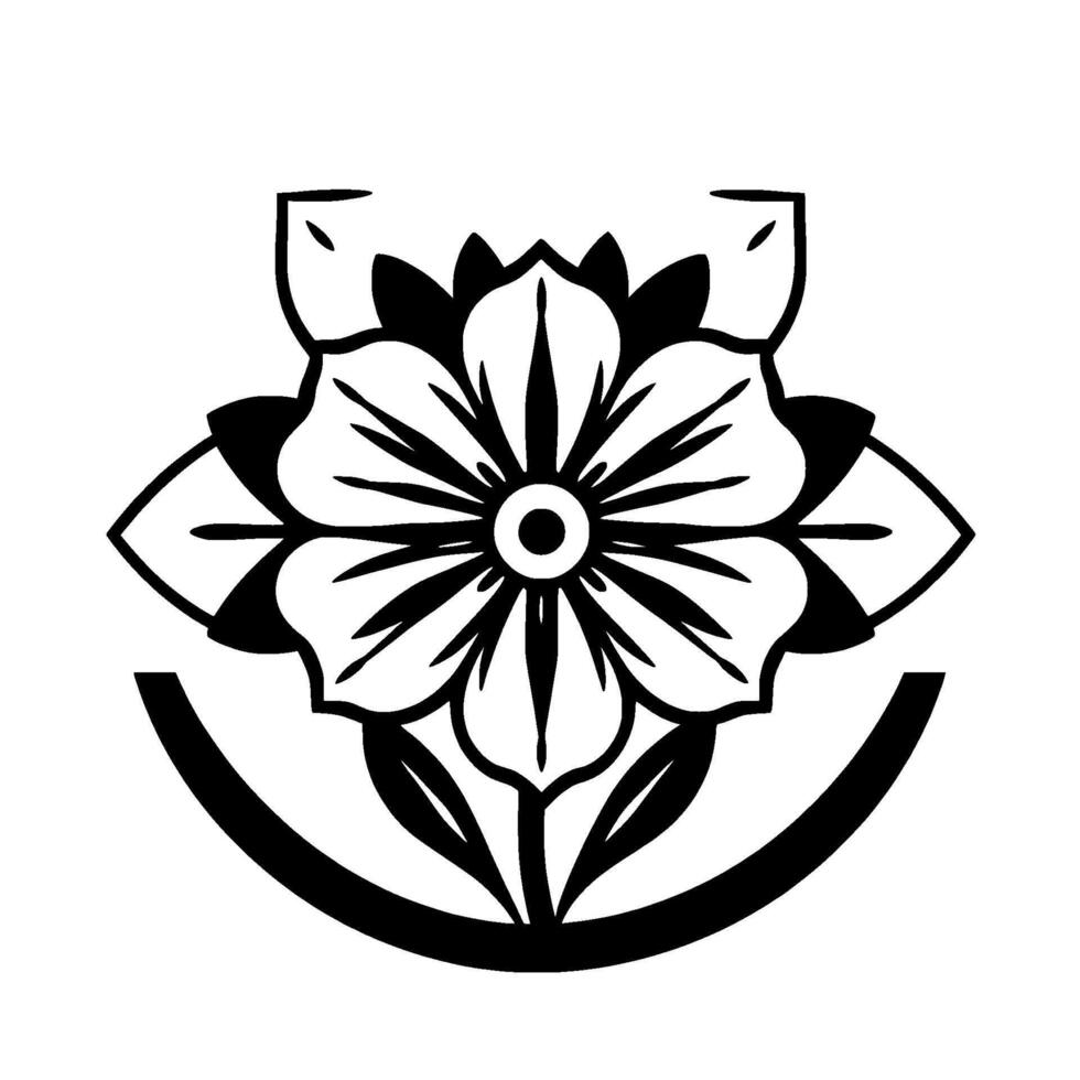 Intricate symmetrical black and white floral illustration with a central eyelike detail and a stylized curved base, creating a symbolic botanical . vector