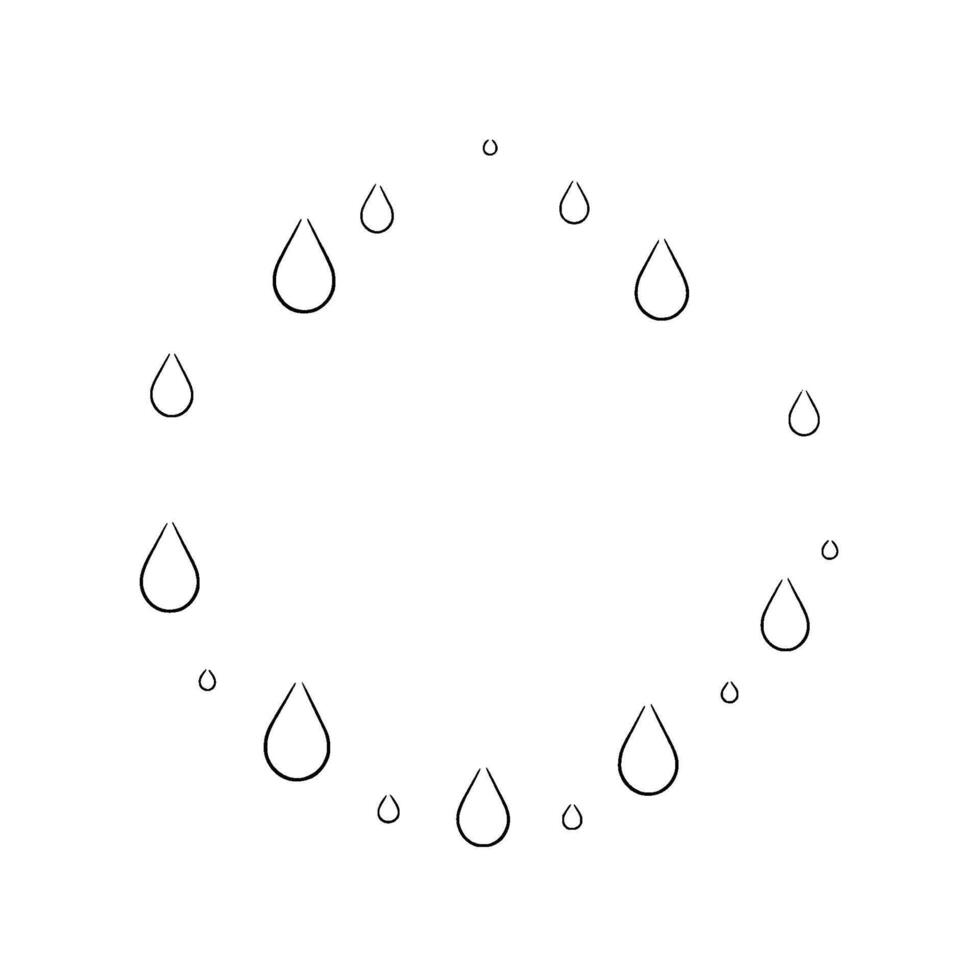 Minimalist illustration A circular arrangement of black outlined teardrops and water droplets on a stark white background. vector