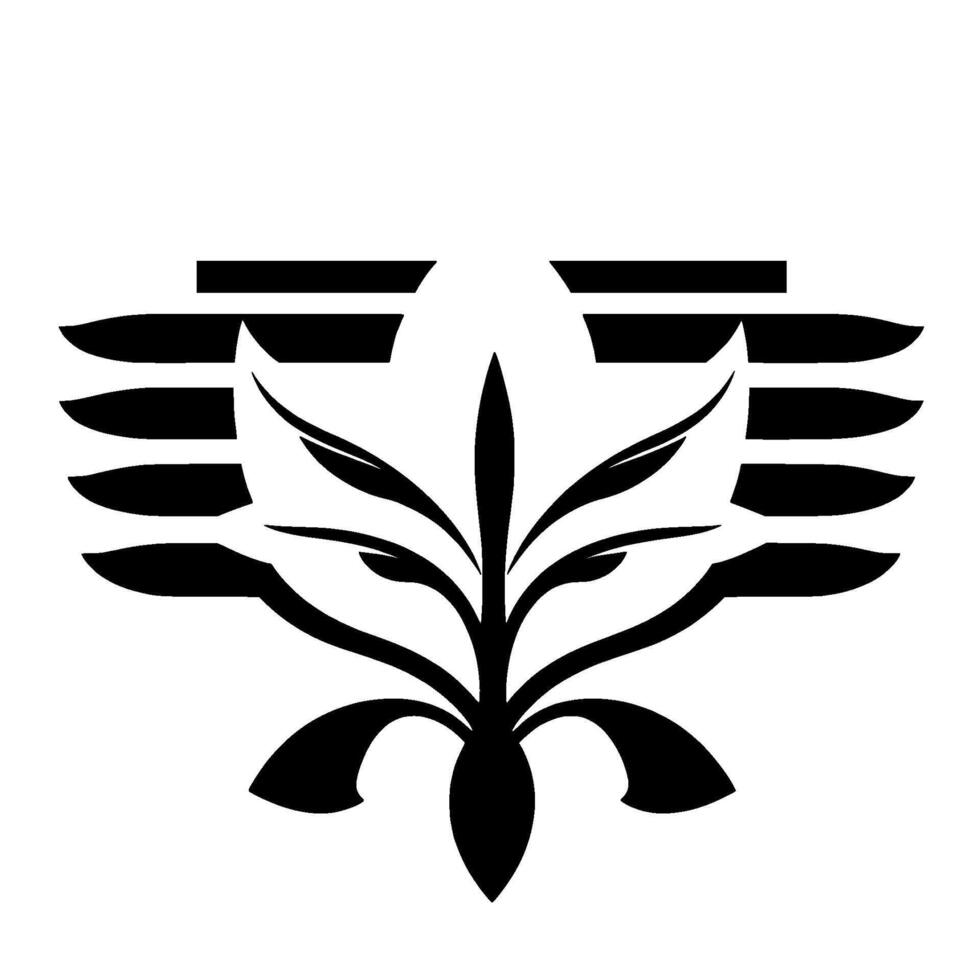 Abstract Black and White Stylized Plant Form with Symmetrical, Geometric Winglike Elements. vector