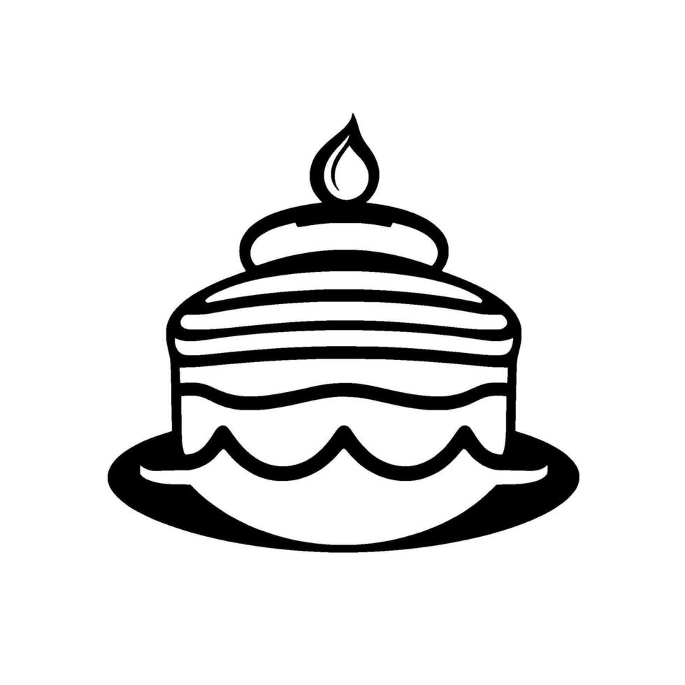 Stylized Black and White Birthday Cake Illustration with Candle, on a Plate, against a White Background. vector