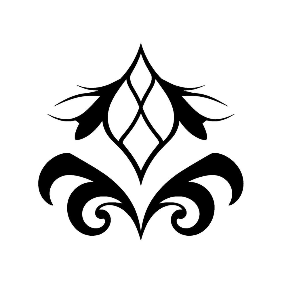 Elegant symmetrical black floral with curved petals and diamond center, isolated on a white background, perfect for decorative use. vector