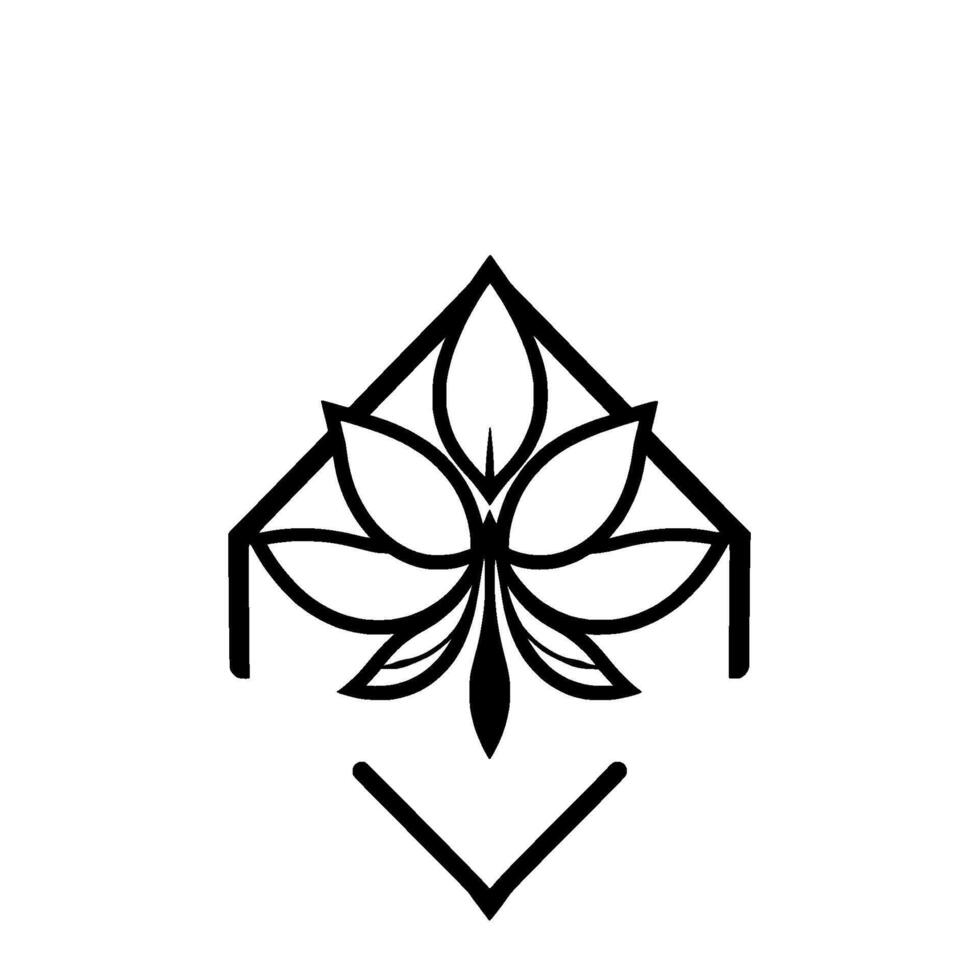 Geometric Black and White featuring a stylized lotus flower enclosed in a diamondshaped frame with a downward arrow. vector