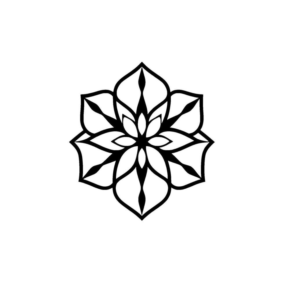 Symmetrical Black and White Floral Mandala Centered on White Background, Featuring Detailed Petals and Organic Shapes. vector