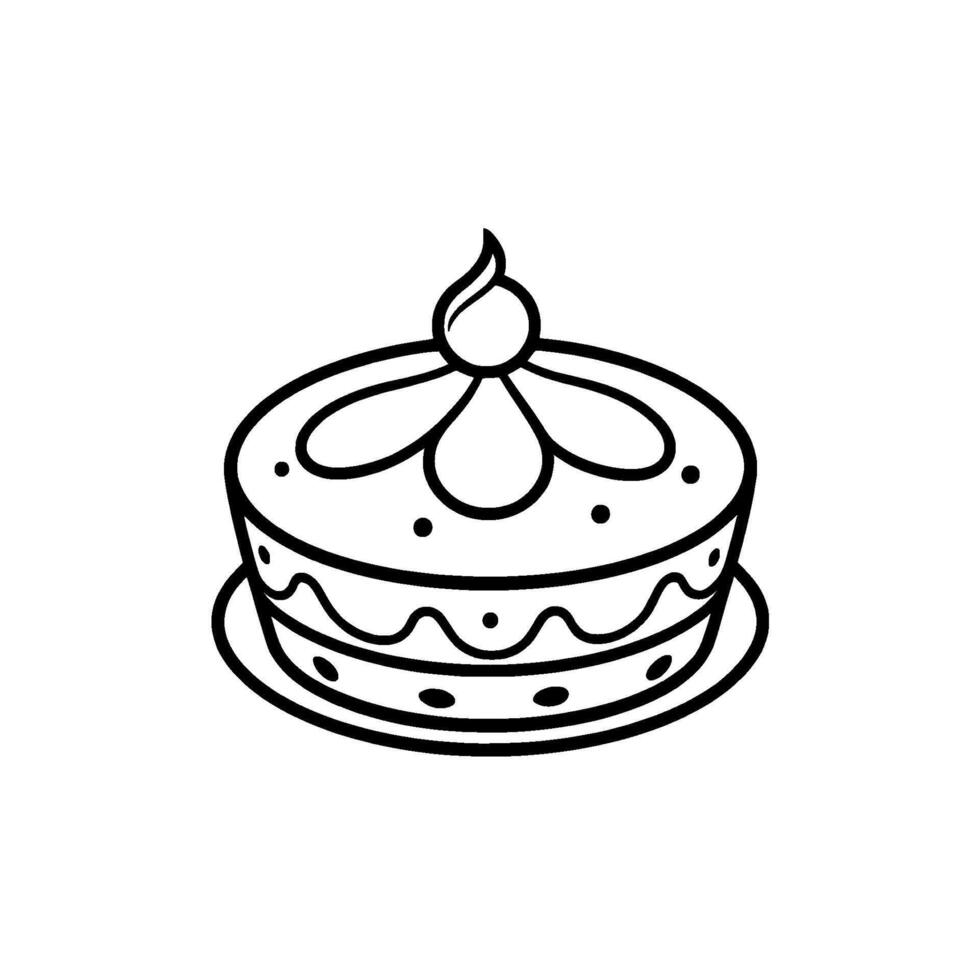 Whimsical black and white illustration of a twotiered cake decorated with floral elements and a central flamelike topper. vector