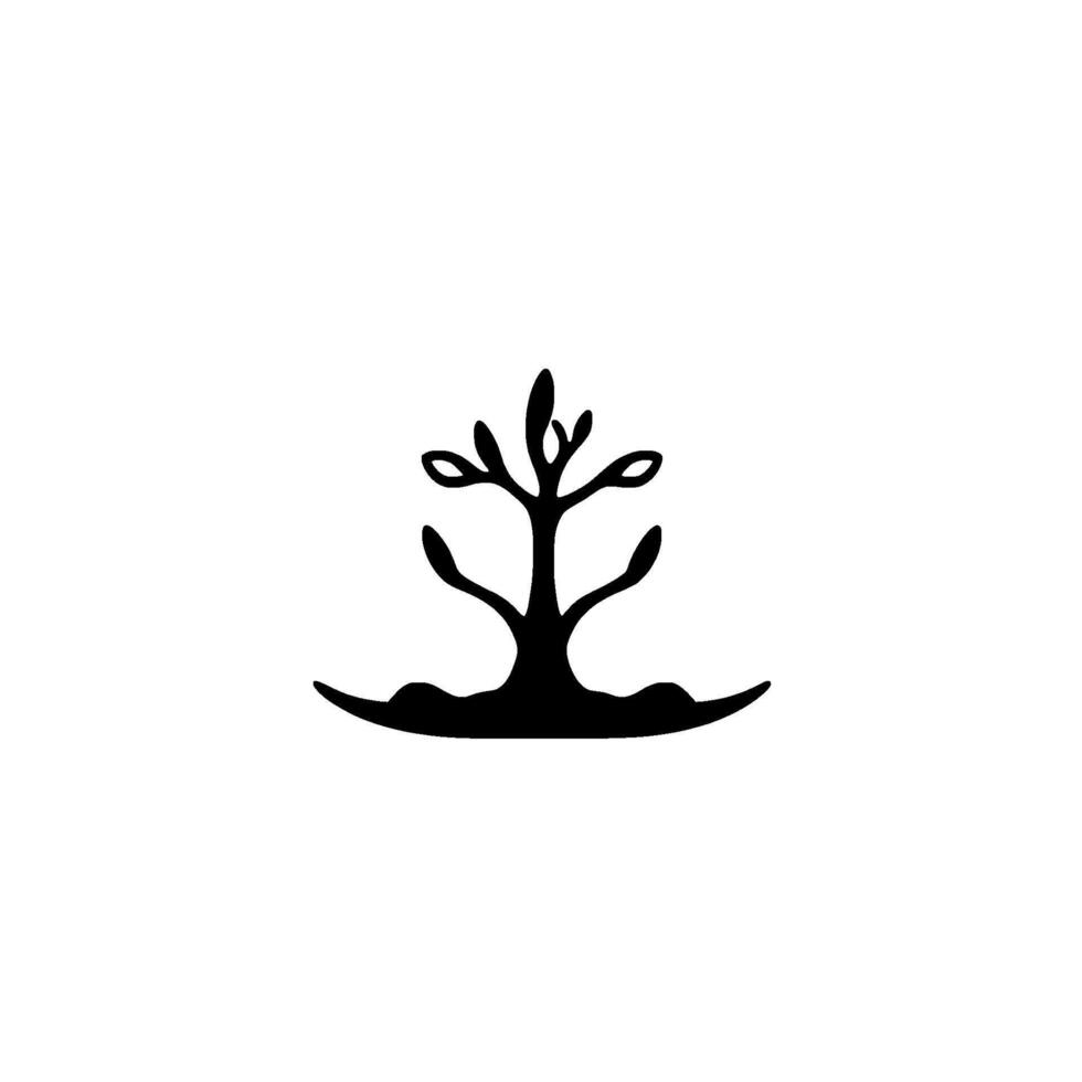 Minimalist Black Silhouette of a Symbolic Tree with Delicate Leaves on a Crescent Foundation Against a Pure White Background. vector
