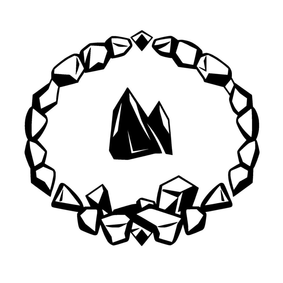 Geometric Black and White Illustration of Crystals Encircled by a Rock Ring with Central Mountain Peaks. vector