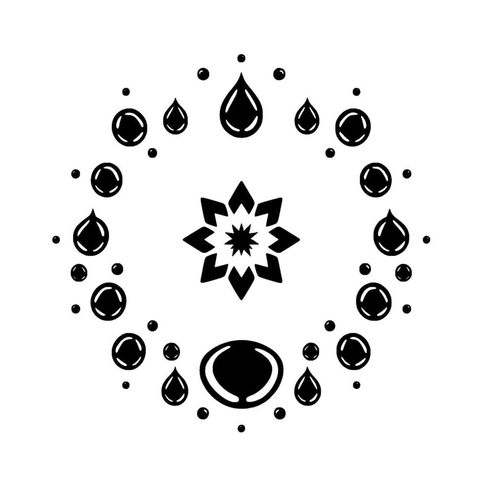 Abstract Black Ink Flower with Concentric Ring of Droplets and Bubbles, Geometric on White. vector
