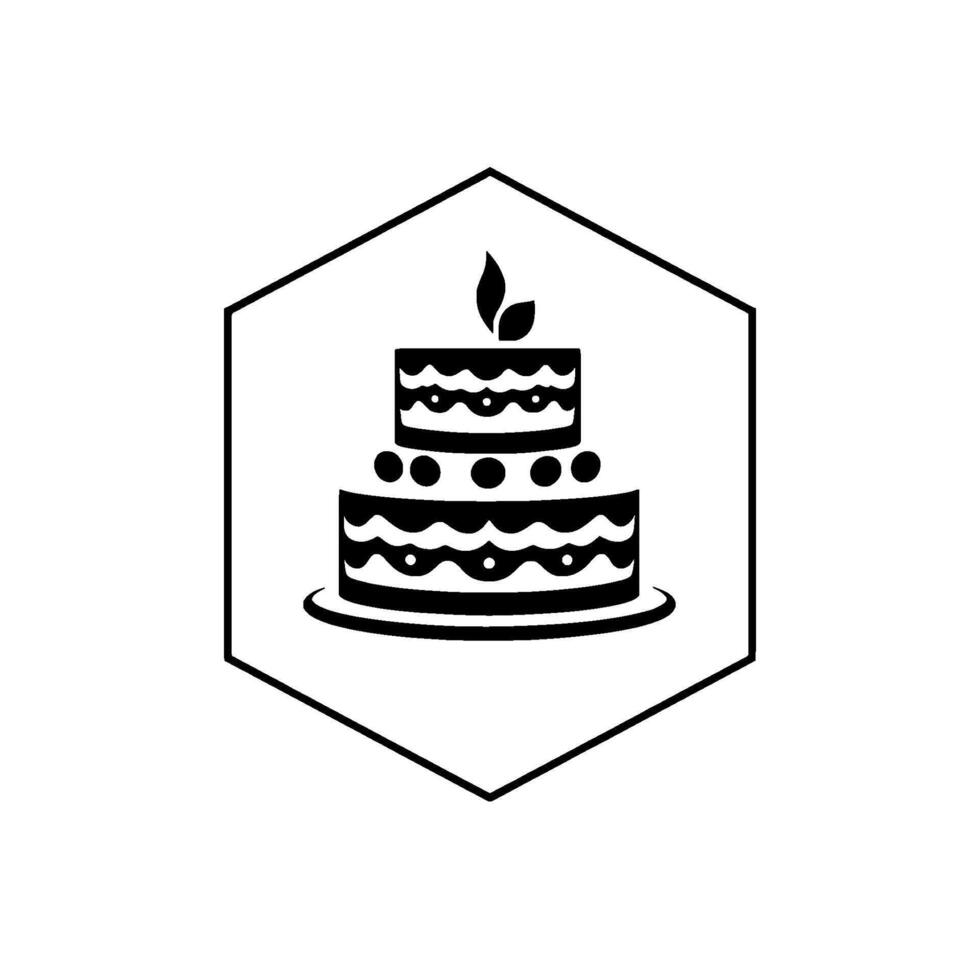 Black and white of a twotiered cake with leaf garnish, presented within a hexagonal frame, simple . vector