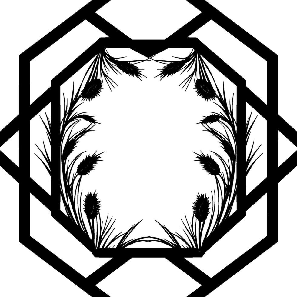 Black and white geometric floral with symmetrical arrangement of spiky plants inside a frame. vector