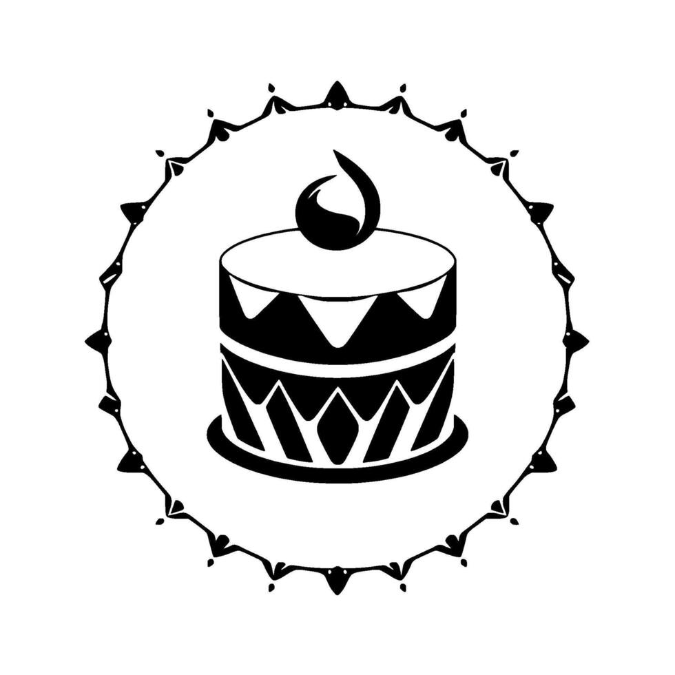 Minimalist black and white birthday cake illustration within a decorative circular frame, featuring flame atop. vector