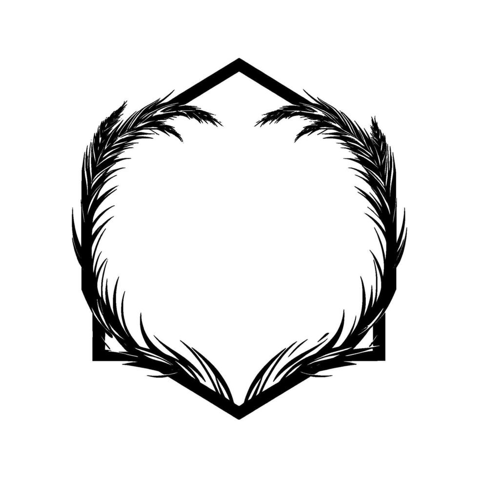 Black White Geometric Floral Frame with Feathery Accents on White Background. vector