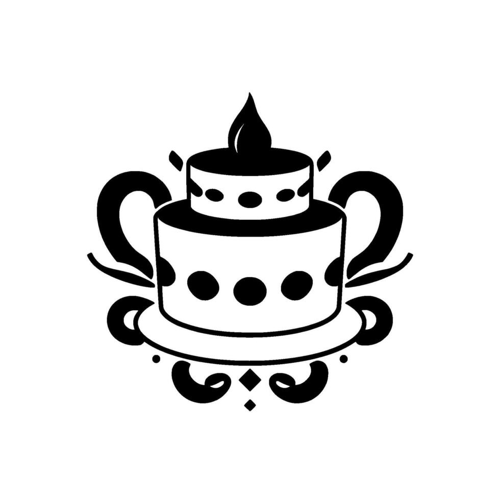A stylized, black and white emblem featuring a twotiered cake with a stylized flame, ornate handles, and decorative base elements. vector