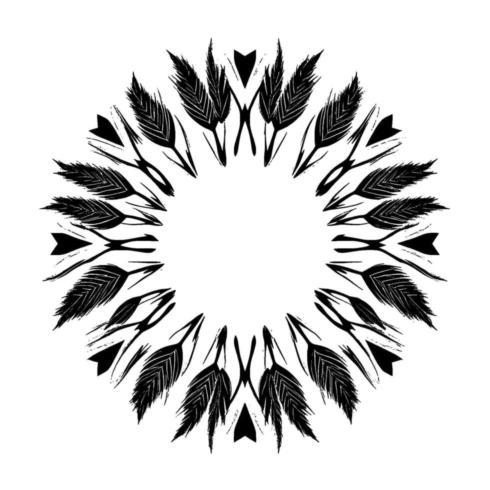 Circular Black and White Floral Mandala , featuring stylized wheat or feather elements symmetrically arranged around a blank central circle. vector