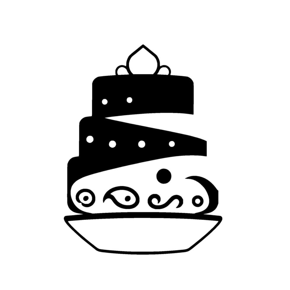 Black and white stylized tiered cake with intricate , top crown, and symmetrical decorative elements, minimal and elegant. vector