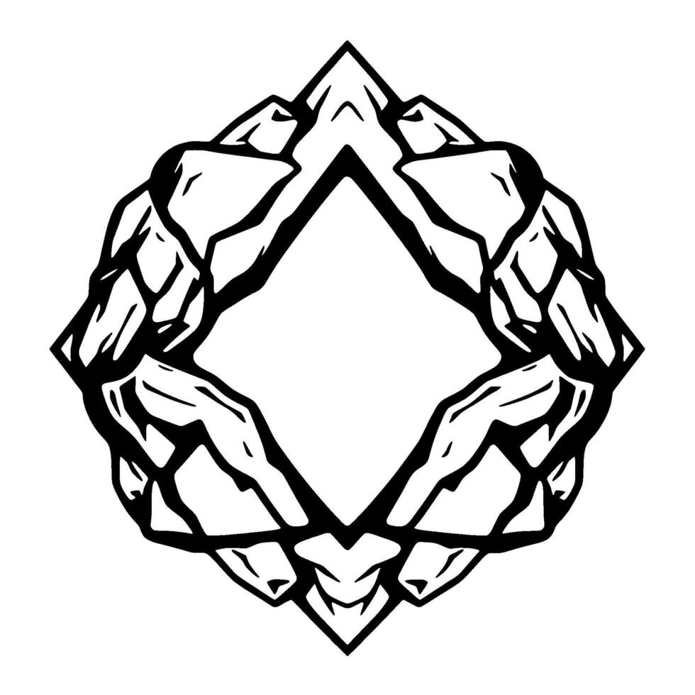 Symmetrical DiamondShaped Rock Formation Framing a Central Void, a Bold Black and White Line Art . vector