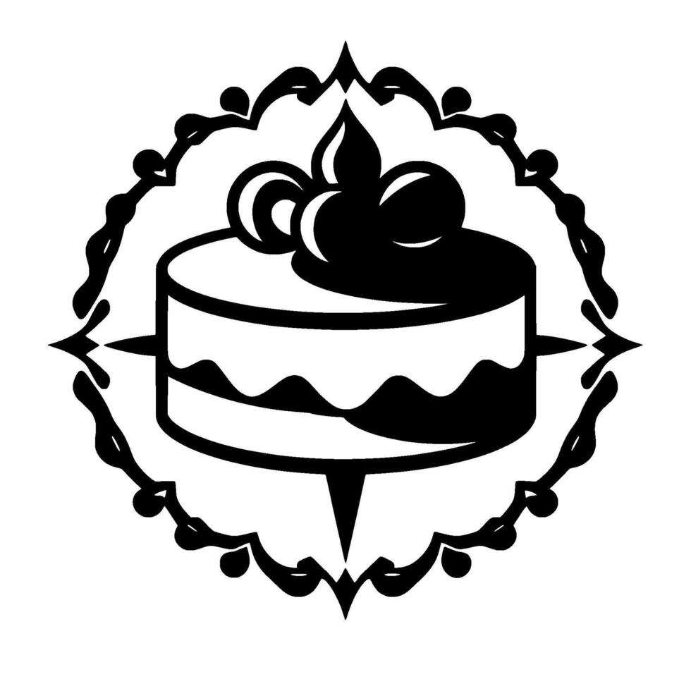 Elegant Black and White Illustration of Layered Cake with Ornate Floral Border, Minimalist Aesthetic. vector