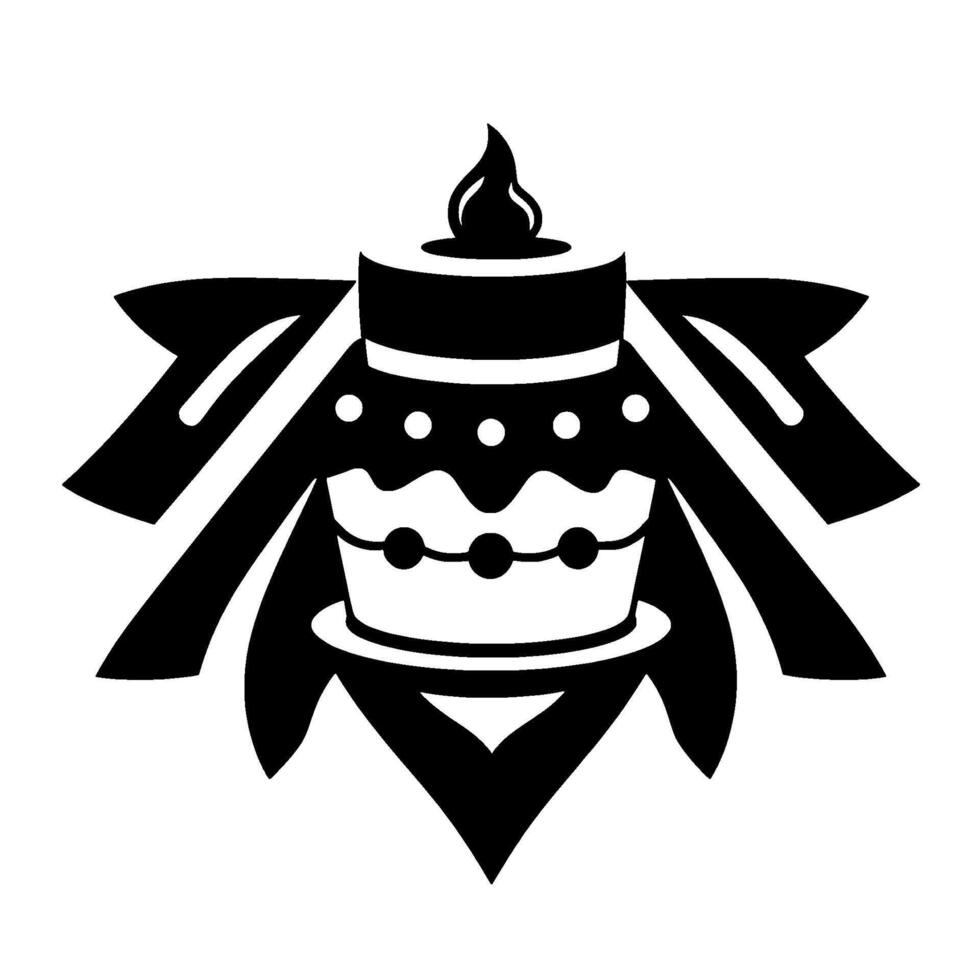 Bold Black and White Illustration of a Decorated Cake with a Burning Candle, Embellished with Ribbon and Geometric Foliage. vector