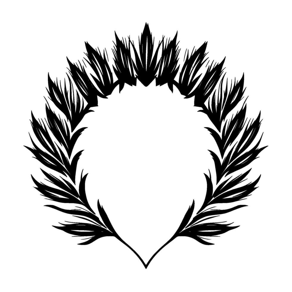 A symmetrical, minimalist, black and white illustration of a featherlike wreath, with a sharp, angular aesthetic, perfect for decorative use. vector