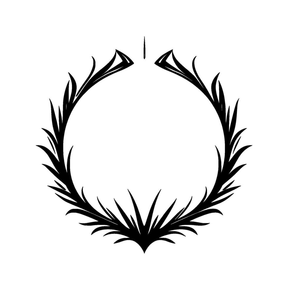 An elegantly designed, blackandwhite ornamental wreath, forming a perfect circle with sharp floral and geometric details on a blank canvas, centered. vector