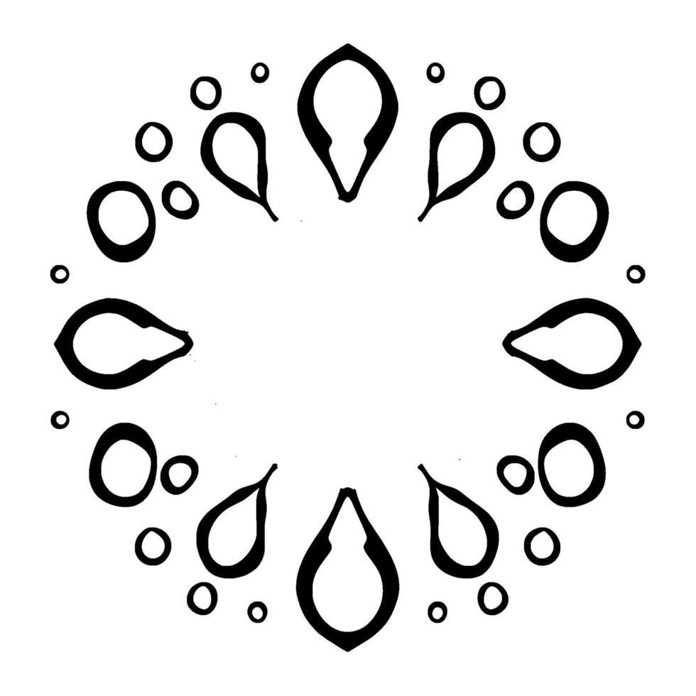 Monochromatic Geometric Pattern Featuring Ornate Black Teardrop Shapes and Circle Elements, arranged around a scalloped gray border. vector