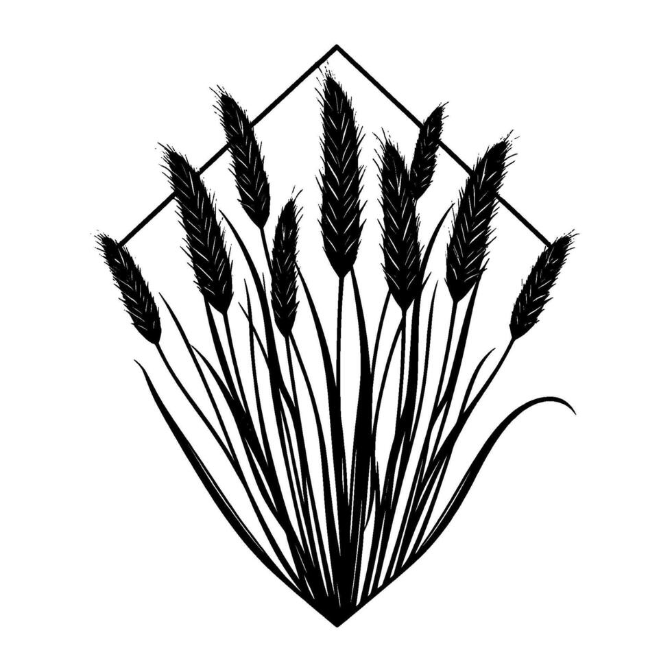 Stylized Black White Wheat Stalks Bursting Out of a Geometric Diamond Shape, Representing Nature. vector
