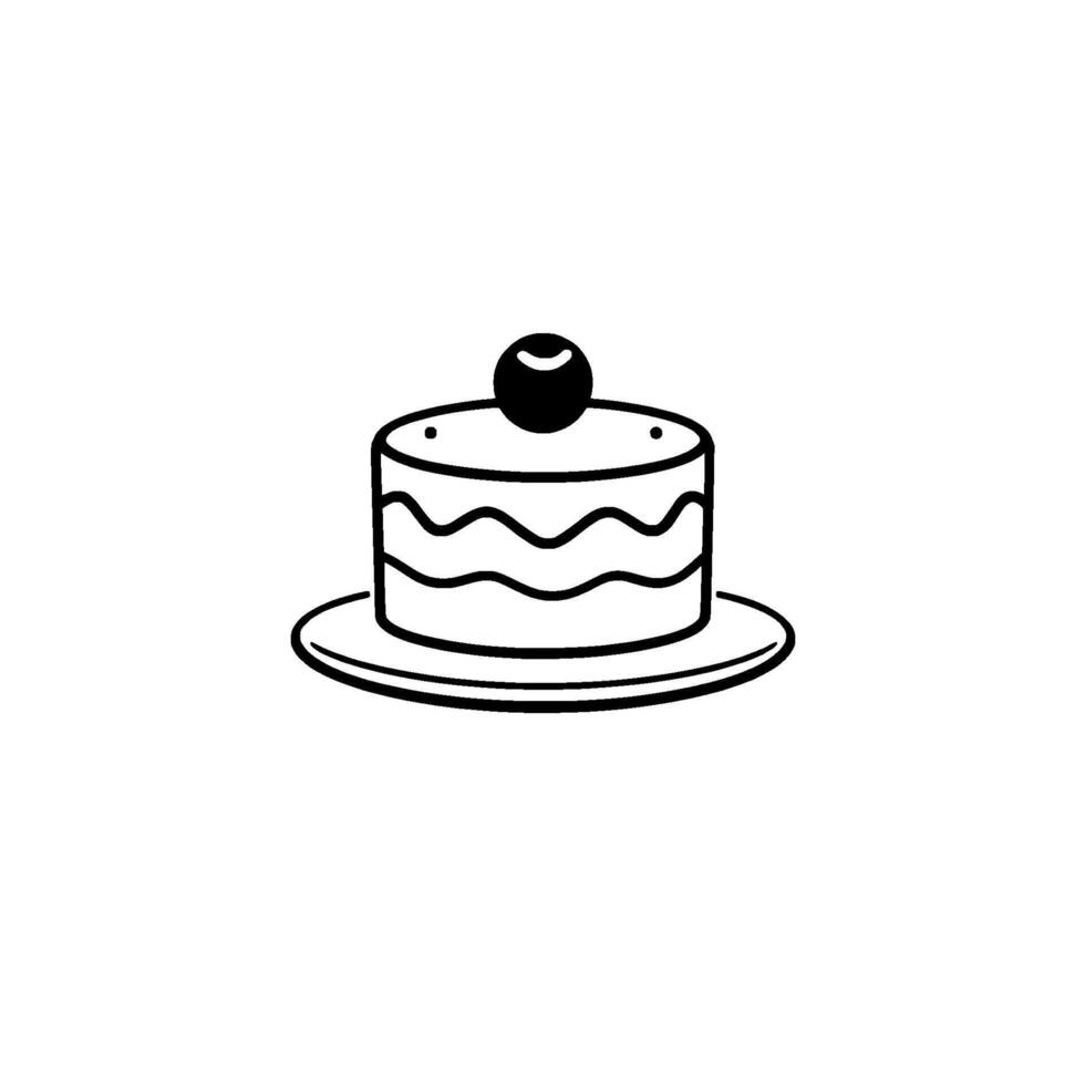 Minimalist Black and White Illustration of a Round Layered Cake with a Cherry on Top, Served on a Plate. vector
