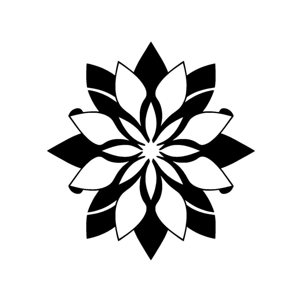 Symmetrical, highcontrast floral pattern in black and white, arranged in a starlike , with pointed petals. vector