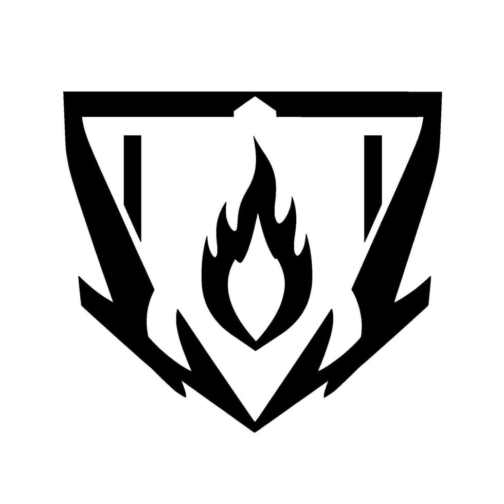 Abstract black and white shield with a central stylized flame, featuring downwardpointing arrowlike accents, evoking energy and protection. vector