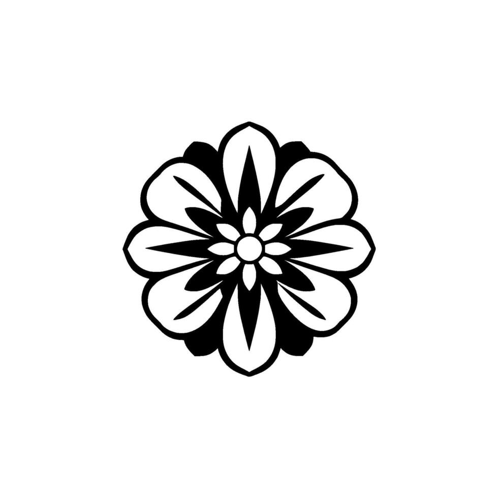 Symmetrical Black and White Floral Illustration with a Simplified Petal Pattern, Isolated on White Background. vector